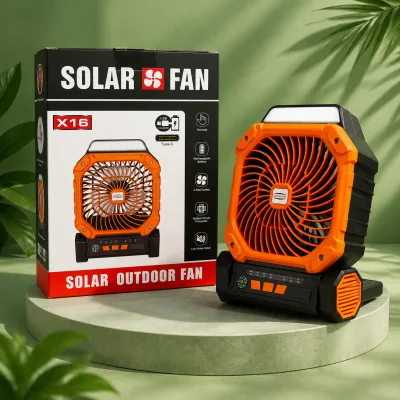 X16 Solar Outdoor Fan is a portable, rechargeable cooling device featuring Type-C charging.