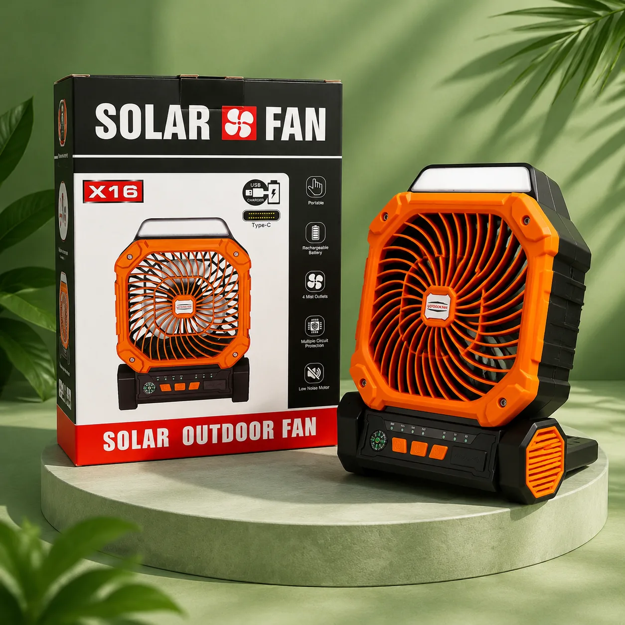 X16 Solar Outdoor Fan is a portable, rechargeable cooling device featuring Type-C charging.